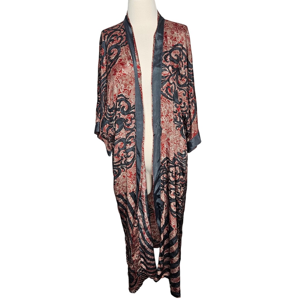 Bellero Red Grey Recycled Saree Silk Paisley Kimono Duster Robe Longline